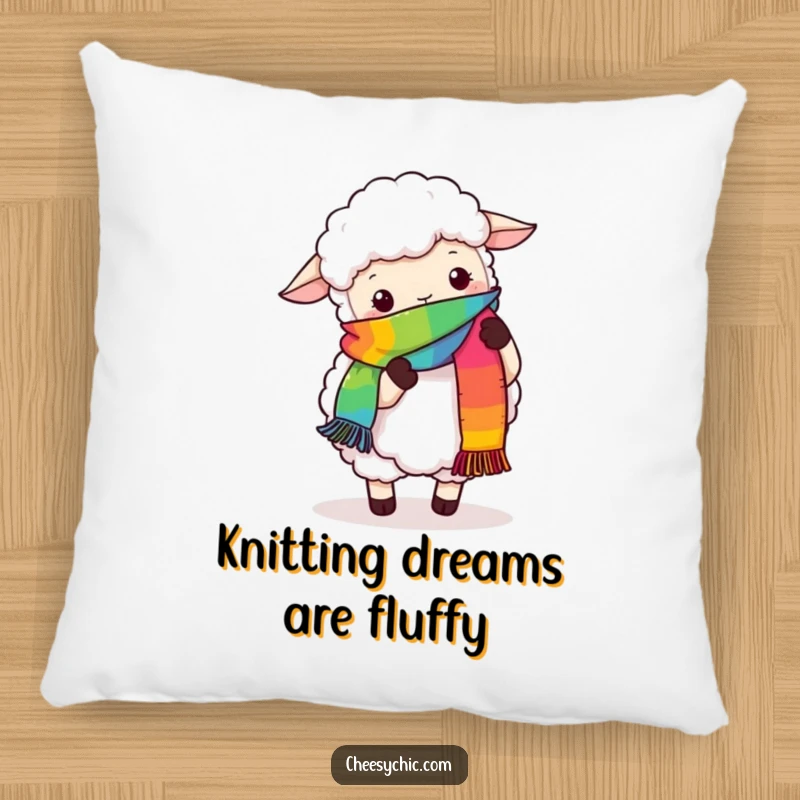 Funny pillow design depicting a fluffy sheep hilariously trying to knit a rainbow scarf with its hooves, adding charm to any room.