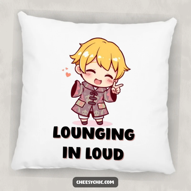 Funny Pillow adorned with a small stylized character enthusiastically pointing at an outfit with a ridiculously loud and busy pattern.