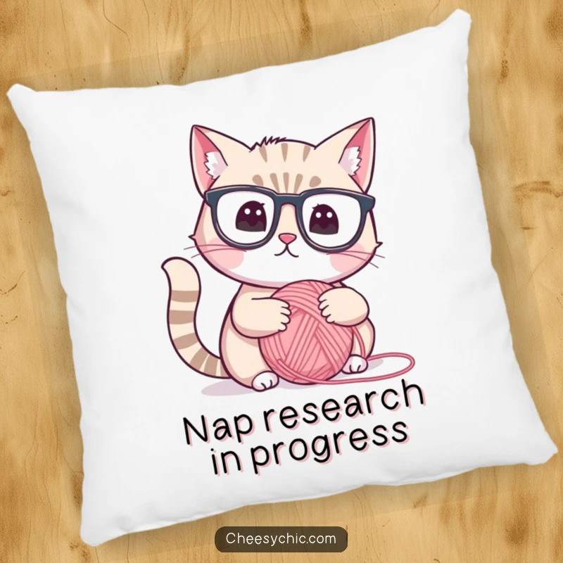 Funny pillow featuring a cute cat in reading glasses, deeply contemplating a yarn ball, plush and humorous comfort.