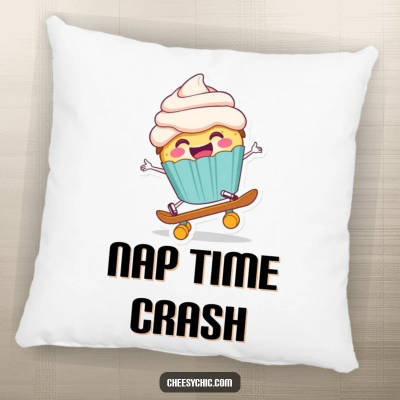 Funny pillow design of a happy anthropomorphic cupcake comically falling off a tiny skateboard, embodying playful sweetness.