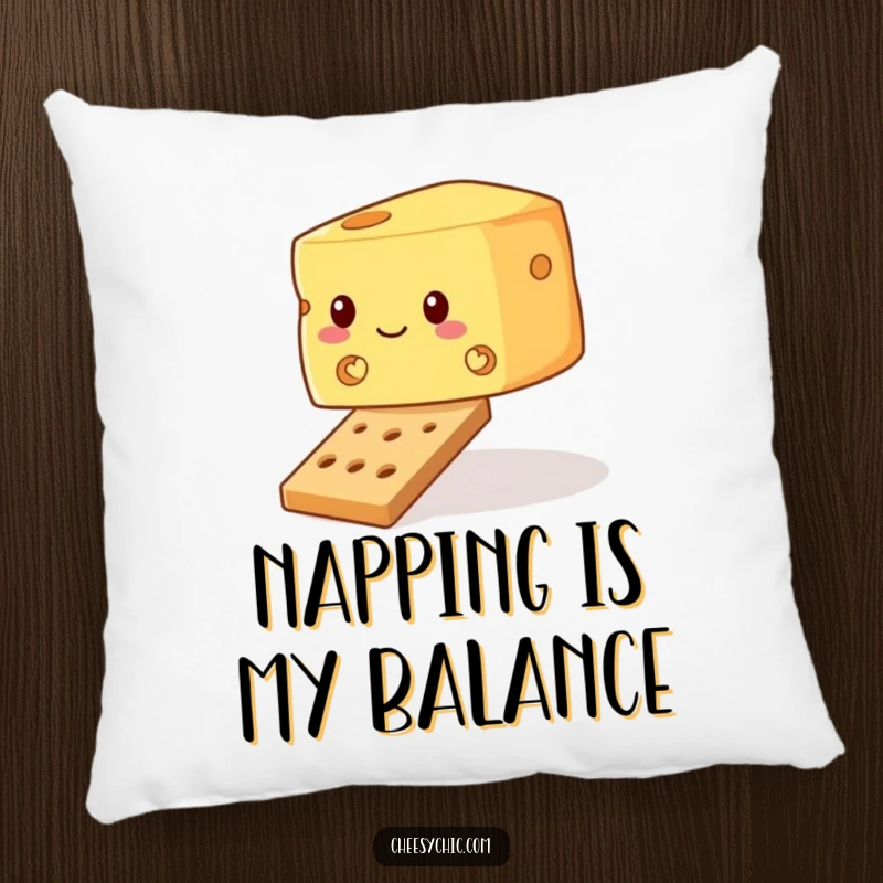 Funny pillow featuring a wobbly block of cheese precariously balancing on a tiny cracker, bringing whimsical decor to any room.