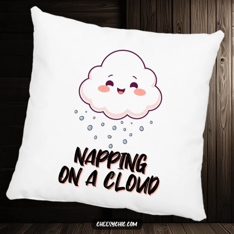 Funny Pillow with a cheerful cloud juggling tiny sparkling droplets, offering comfort and whimsical joy.