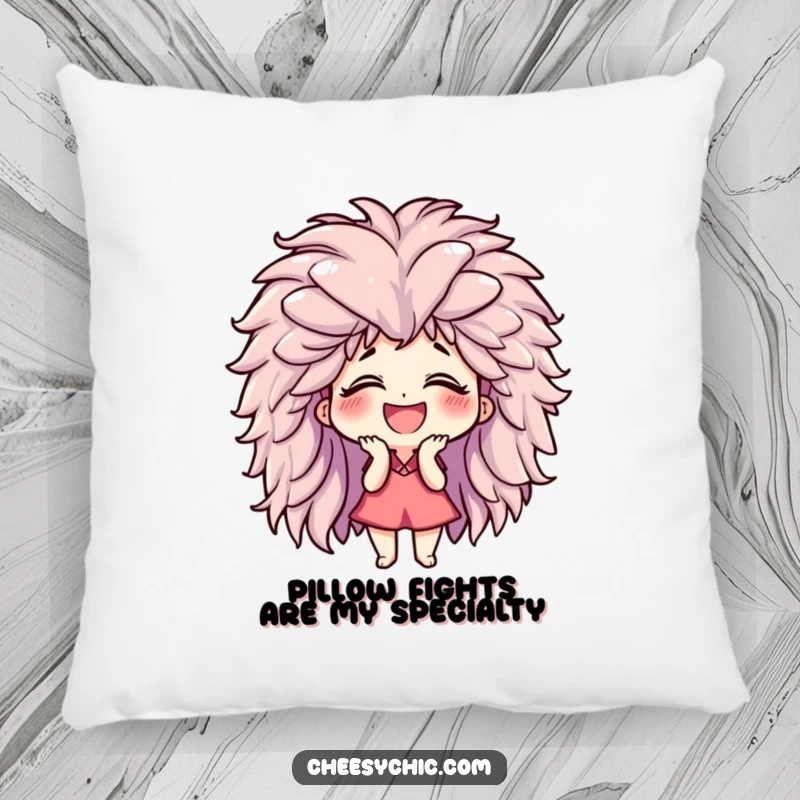 Funny pillow featuring a small stylized character giggling uncontrollably while wearing a giant, fluffy wig, bringing comfort and laughter.