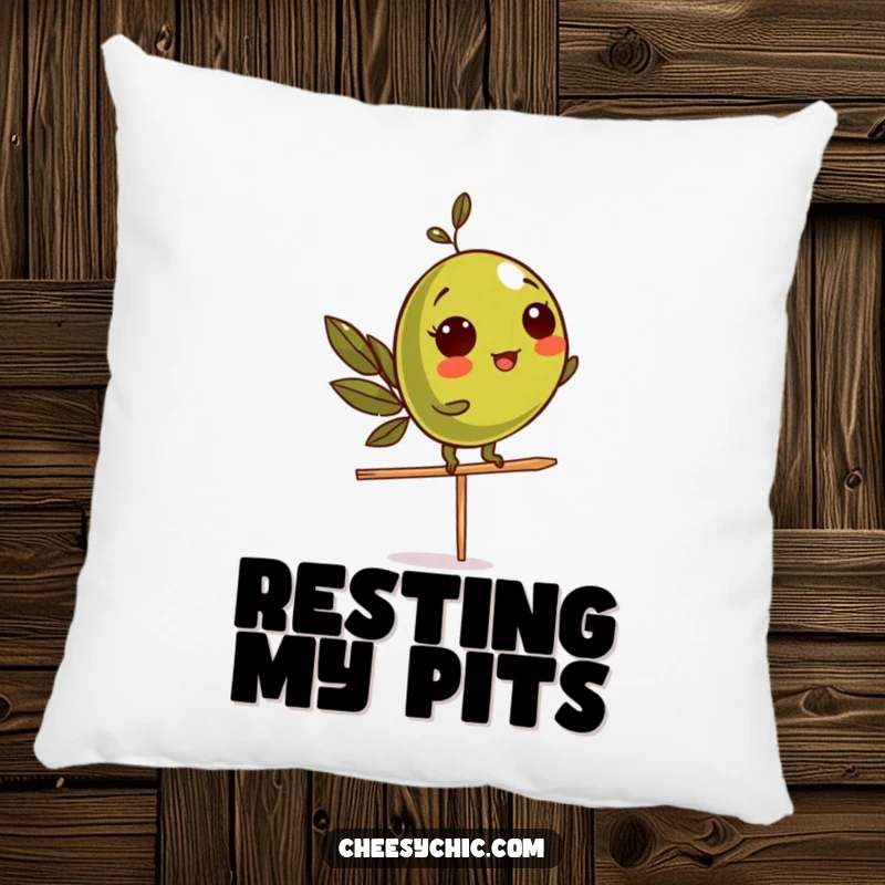 Funny Pillow depicting a determined olive character balancing on a toothpick, bringing cozy humor to any room.