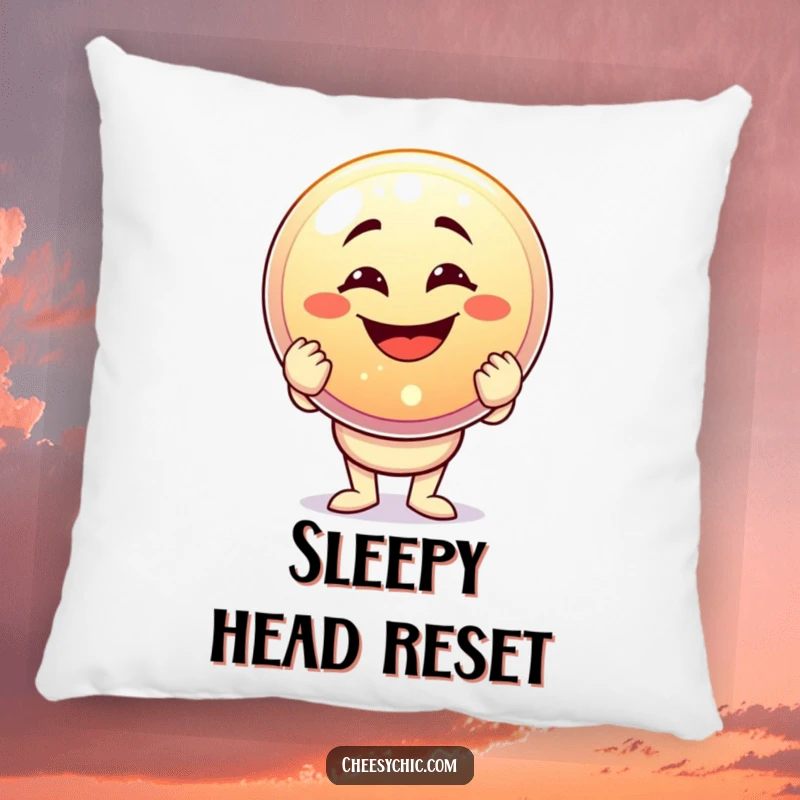 Funny pillow showcasing a character with a goofy grin holding a giant sparkling button, adding celebratory humor to any room.