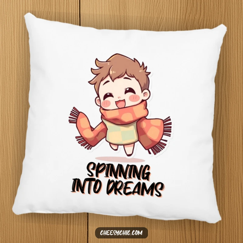 Funny Pillow: Character wearing a brightly patterned scarf, spinning with a delighted expression, soft and cheerful decor.