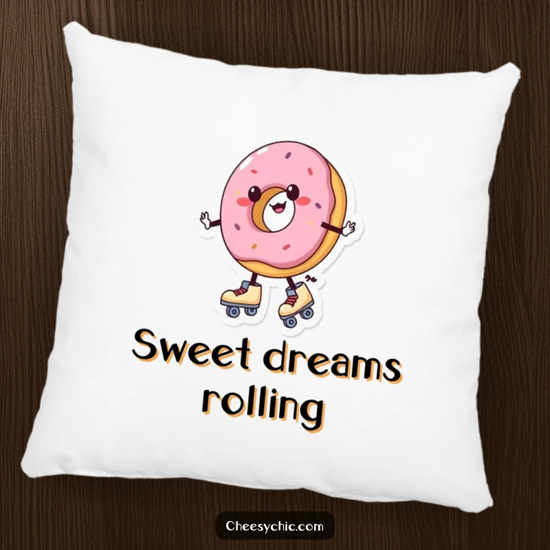 Funny pillow with a charming anthropomorphic donut wearing roller skates and wobbling, soft, huggable, and full of sweet humor.