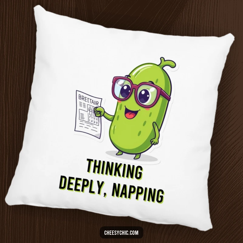Funny pillow with a pickle wearing oversized glasses, pointing at a blueprint, perfect for cuddles.