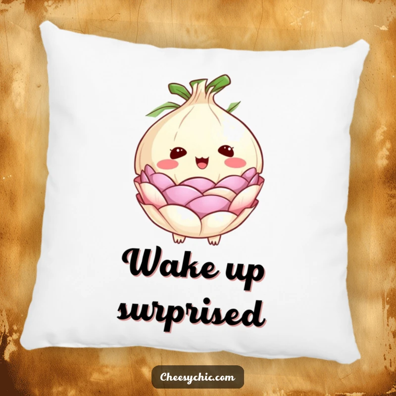 Funny pillow featuring a cute anthropomorphic onion with its layers peeling back in an exaggerated expression of shock and surprise.
