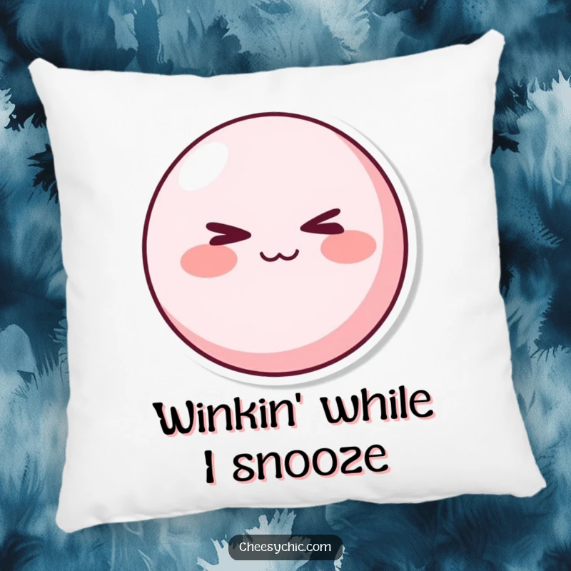 Funny Pillow: A round pink character with rosy cheeks winking mischievously. Wonderful funny gift for decor.