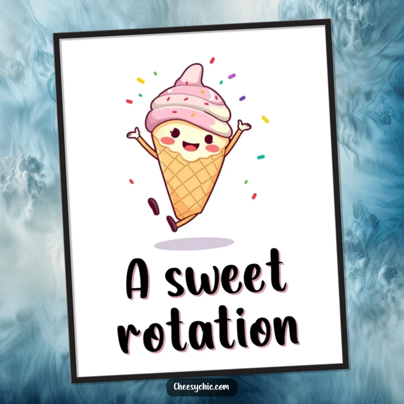 Funny digital art of a smiling ice cream cone performing a cartwheel with sprinkles flying, instant download for a joyful display.