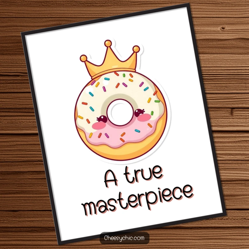 Funny Digital Art Print of a whimsical donut character wearing a sprinkle crown, a sweet and humorous artwork.