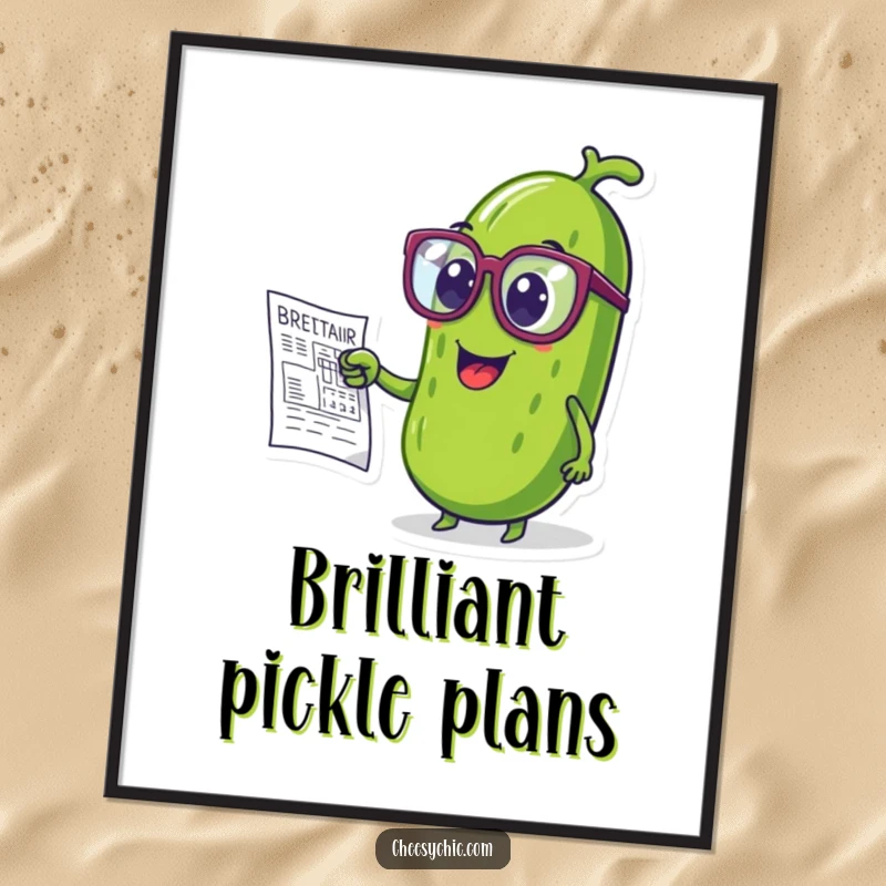 Funny digital art print of a pickle wearing oversized glasses, pointing at a blueprint.