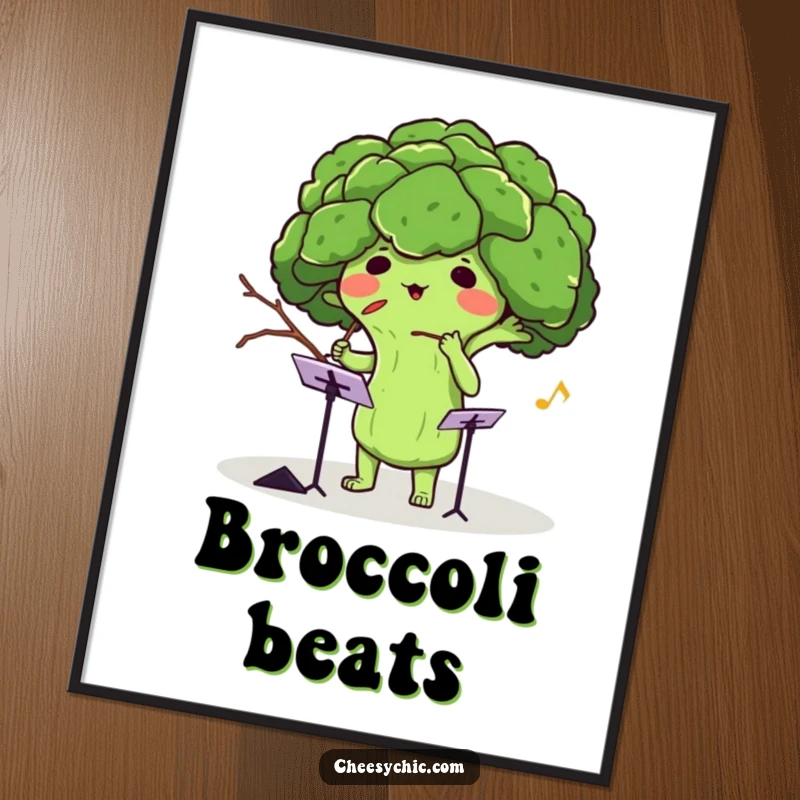 Funny digital art of an adorable anthropomorphic broccoli conducting an invisible orchestra with a twig, capturing a moment of musical delight.