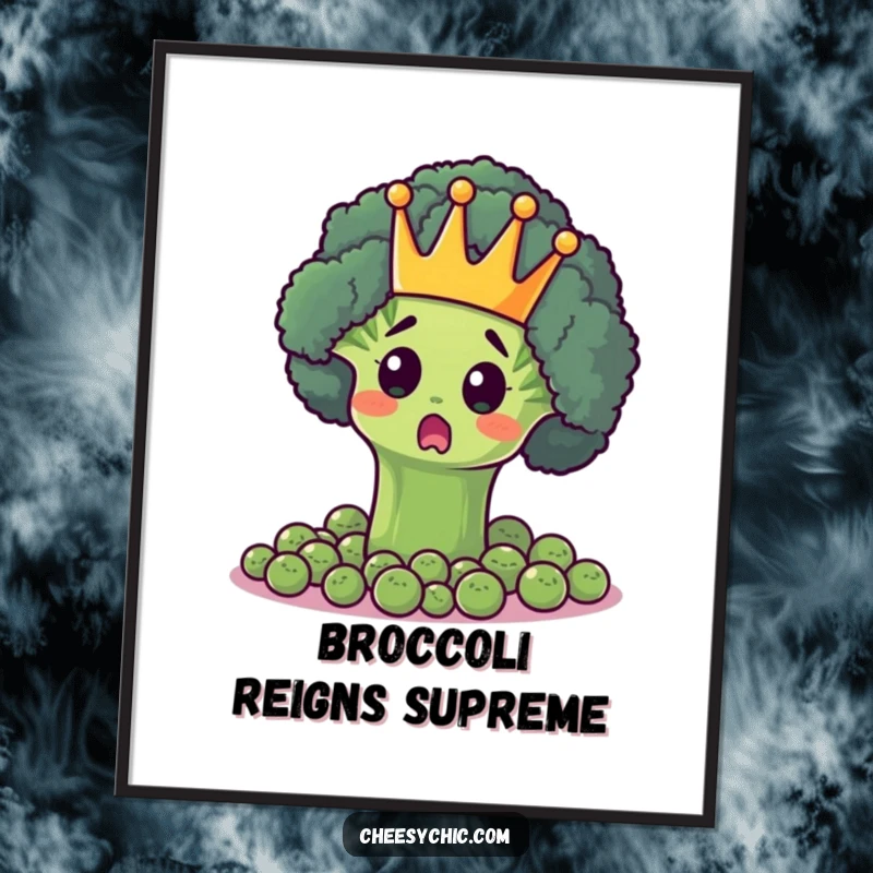 Funny digital art print of a surprised broccoli floret in a crown, ruling over peas, exuding green royalty and charm.