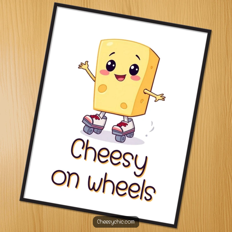 Funny digital art print of a smiling anthropomorphic cheese slice trying to put on roller skates.