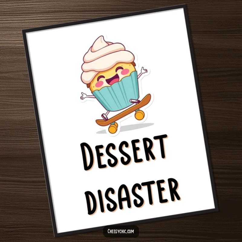 Funny digital art of a happy anthropomorphic cupcake comically falling off a tiny skateboard, capturing a moment of sweet chaos.