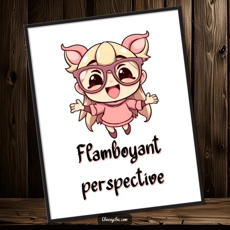 Funny digital art print of a character with oversized, flamboyant glasses, captured mid-leap with pure delight, exuding fun and personality.