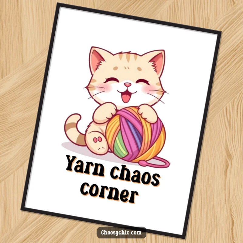 Funny digital art print of a cute cat character happily batting at a large, colorful ball of yarn.