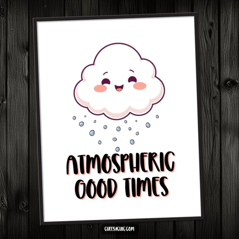 Funny Digital Art Print of a cheerful cloud juggling tiny sparkling droplets, radiating playful energy and fun instantly.