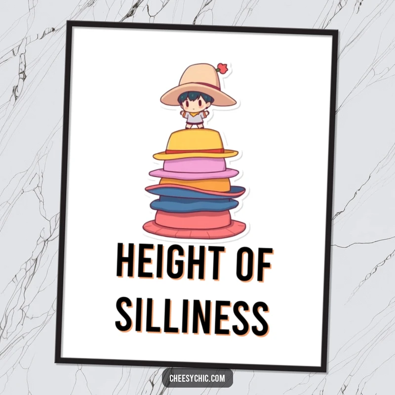 Funny Digital Art Print of a small stylized character precariously balancing on a huge stack of colorful, oversized hats.