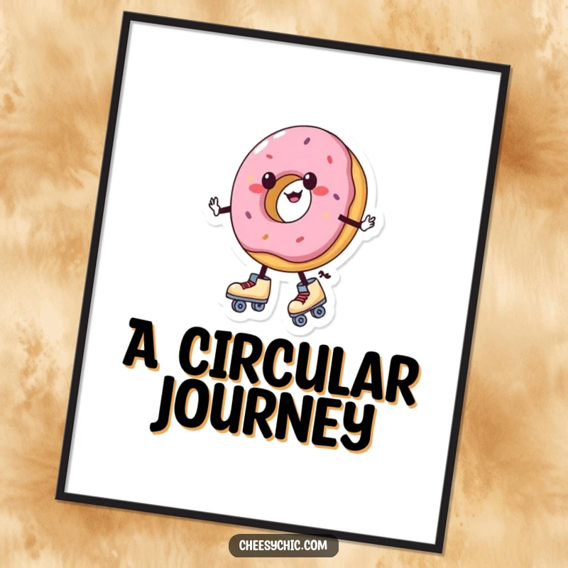 Funny digital art of a charming anthropomorphic donut wearing roller skates and wobbling, instant download for a comical display.