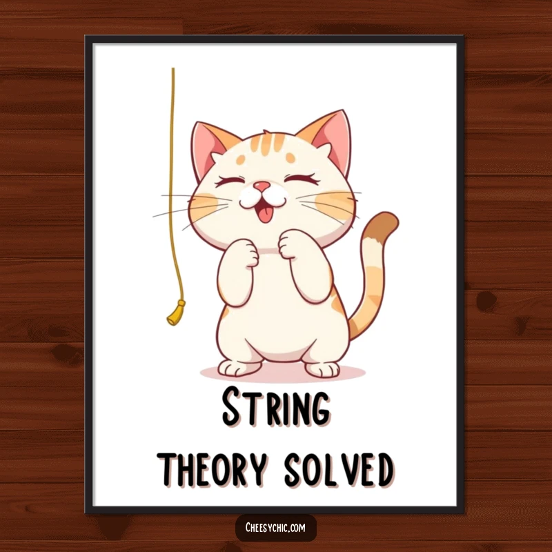 Funny digital art print of a cute cat intensely batting at a dangling string, showing extreme focus and playful humor.