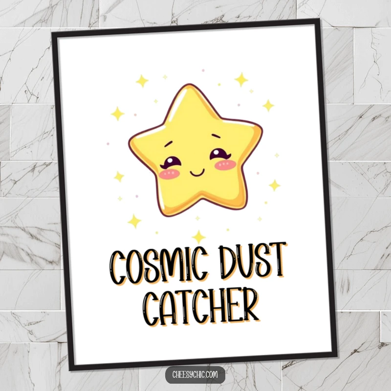 Funny Digital Art Print of a giggling star raining tiny sparkles, radiating joy and celestial magic instantly.