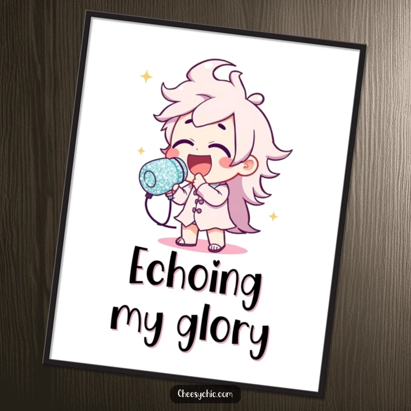 Funny digital art of a character triumphantly holding a huge, sparkling glitter microphone, ready to captivate any audience.