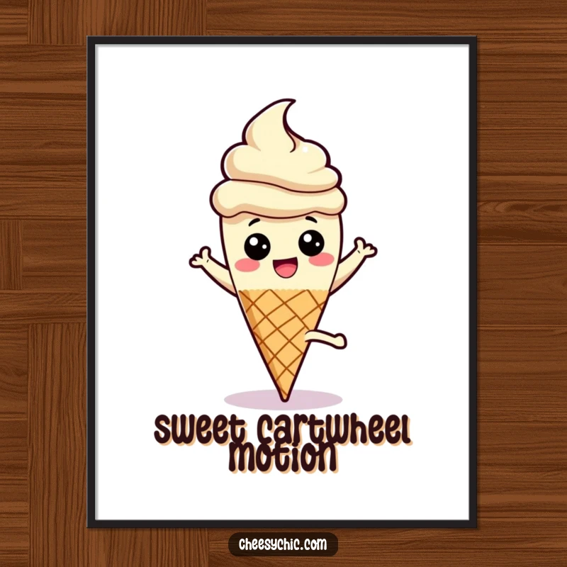 Funny digital art print of a happy ice cream cone character performing a joyful cartwheel, stick held high in a moment of pure delight.