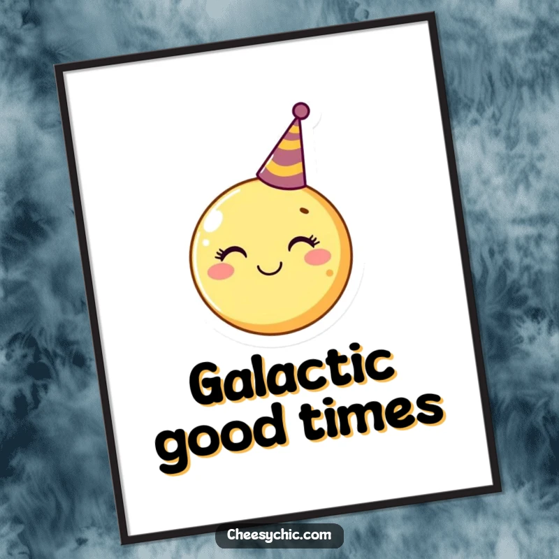 Funny Digital Art Print of a smiling moon wearing a tiny party hat, radiating joy and celebration instantly.