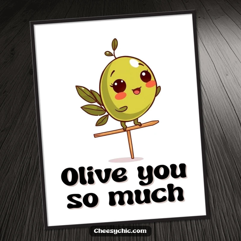Funny Digital Art Print of an olive character balancing on a toothpick, a humorous and witty artwork.