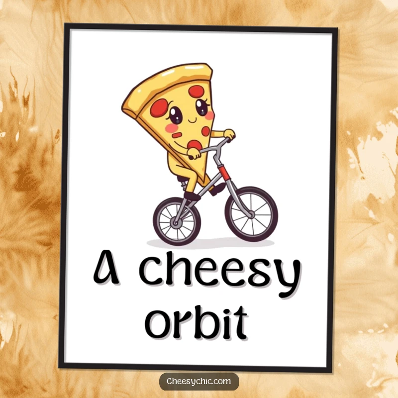 Funny digital art of an adorable anthropomorphic pizza slice attempting to ride a unicycle, instant download for a comical display.