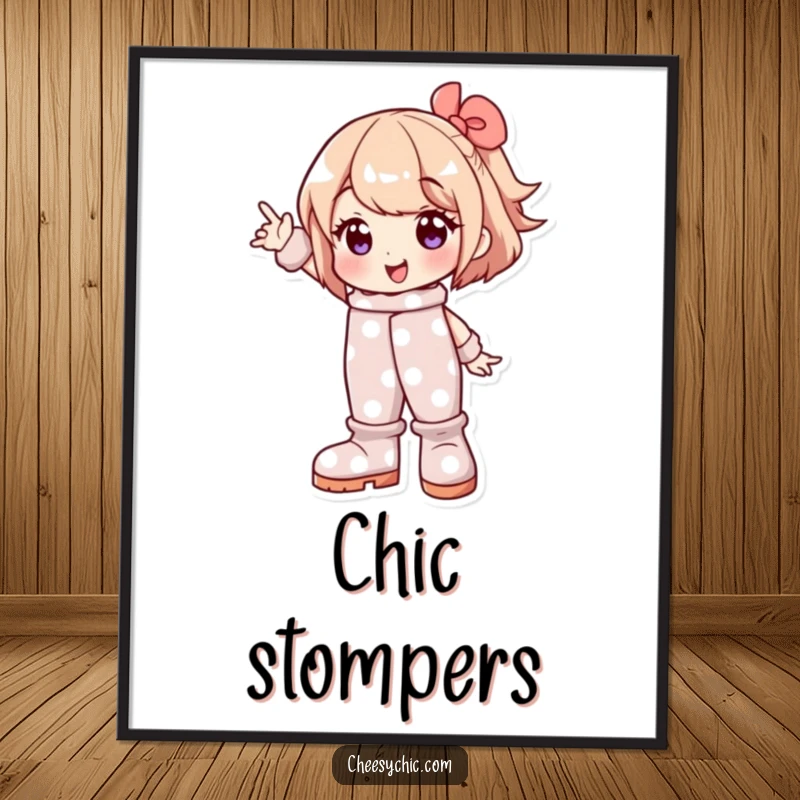 Funny digital art of a character in oversized polka dot boots striking a cheerful pose, perfect for humorous and vibrant decor.