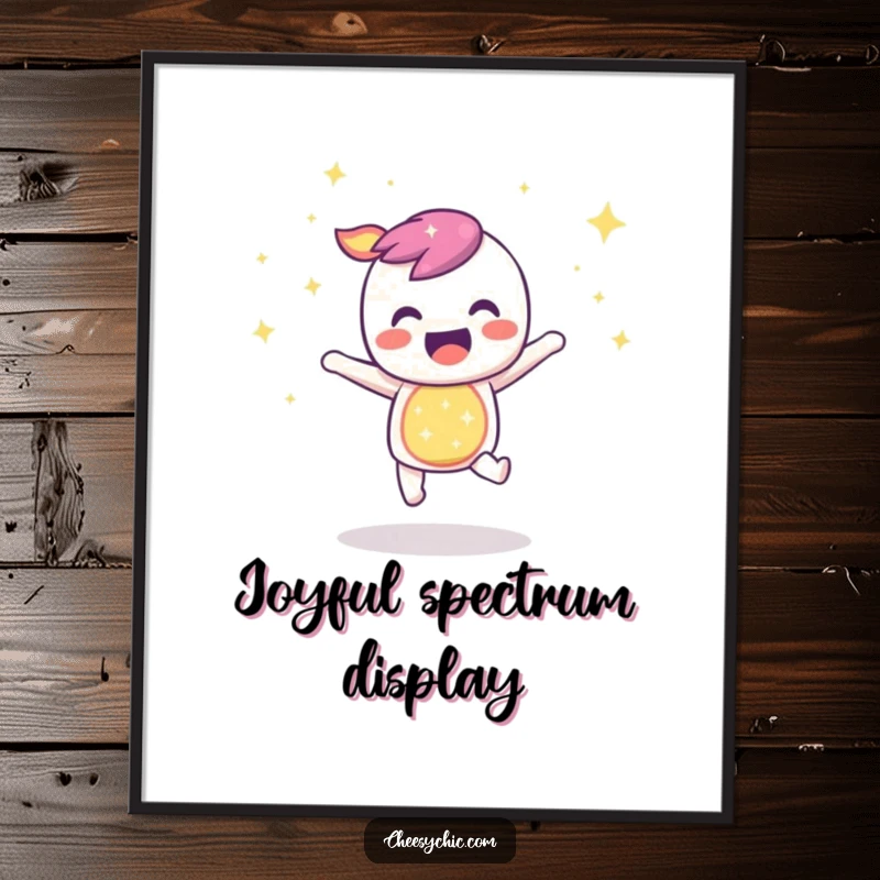 Funny digital art print of a sparkly rainbow character bouncing with infectious joy, radiating pure, unadulterated happiness and vibrant energy.