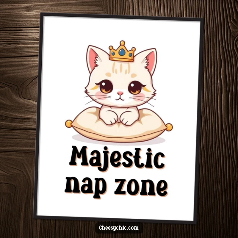Funny digital art print of a cute cat character wearing a small crown, looking regal on a cushion.