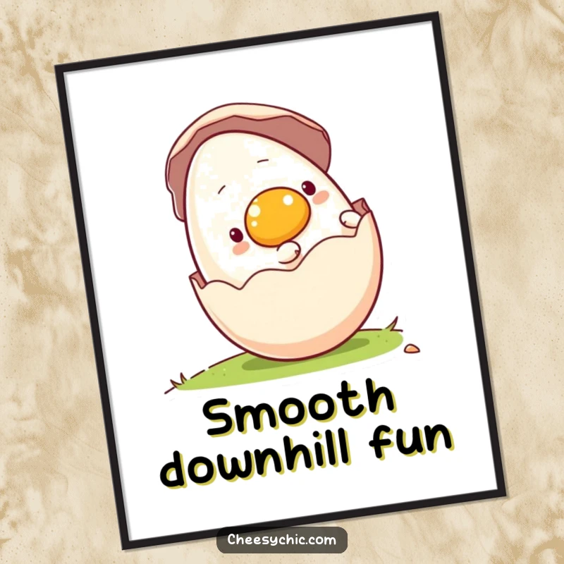 Funny digital art print of a charming anthropomorphic egg rolling downhill in its shell, adding whimsical fun to any room.