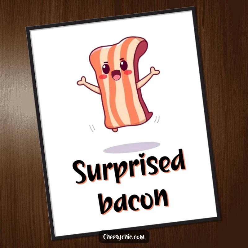 Funny digital art print of a cute anthropomorphic bacon strip doing a surprised jump.
