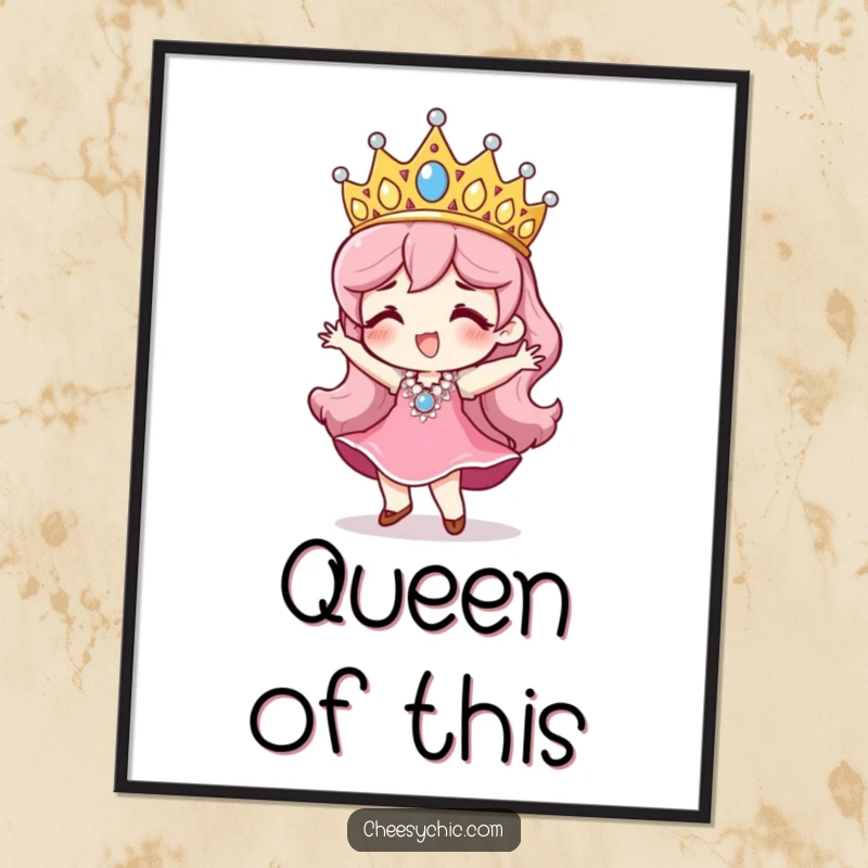 Funny digital art print of a character wearing an oversized sequined tiara, captured in a jubilant and expressive dance.