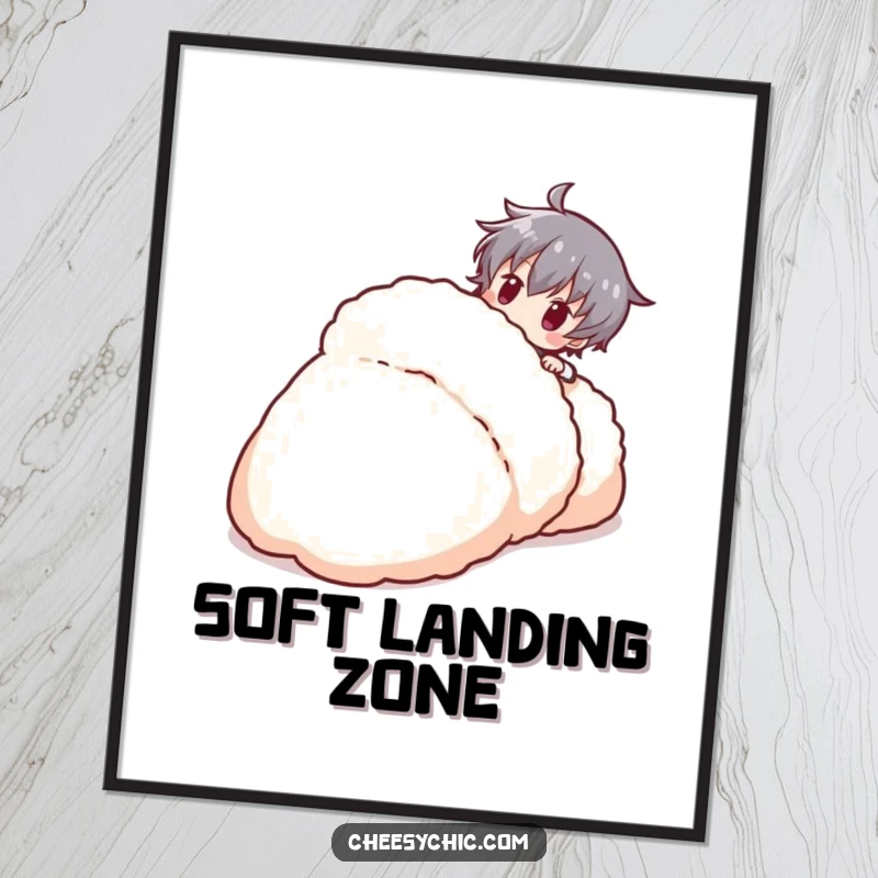 Funny stylized character comically tripping over an oversized fluffy slipper, downloadable humorous digital art.