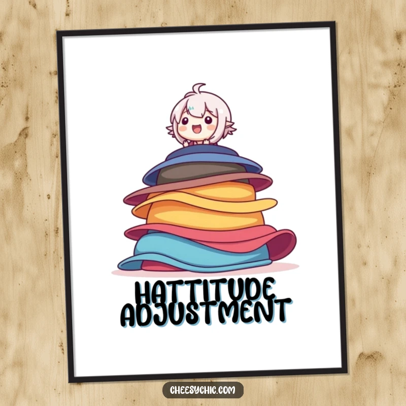 Funny digital art print of a character precariously balanced on a stack of colorful hats, exuding pure delight and playful energy.