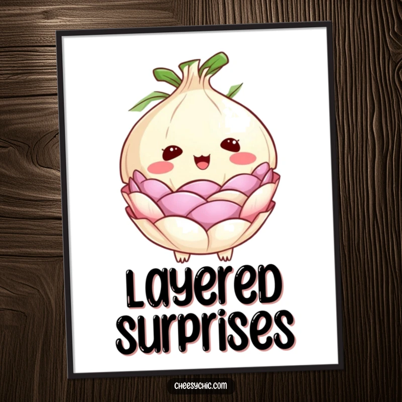 Funny digital art print of a cute anthropomorphic onion with its layers dramatically peeling back in a comical expression of surprise.