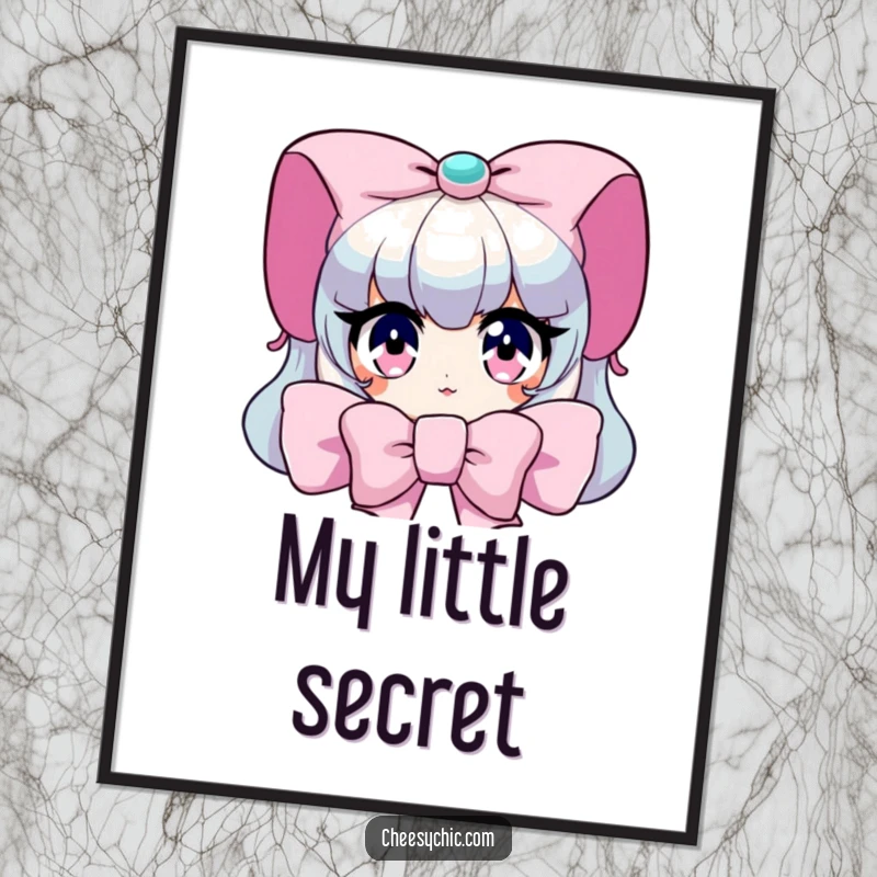 Funny Digital Art: Character peeking from behind a giant bow, with wide, sparkling eyes, charming printable decor.