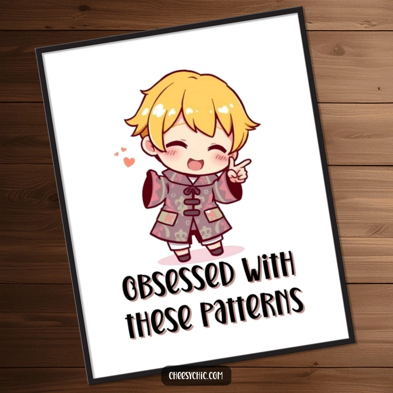 Funny Digital Art Print of a small stylized character excitedly pointing at a bizarrely patterned outfit with great enthusiasm.