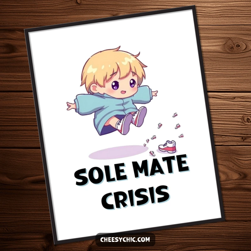 Funny Digital Art: Character tripping playfully, scattering tiny shiny shoes, whimsical and joyful printable decor.