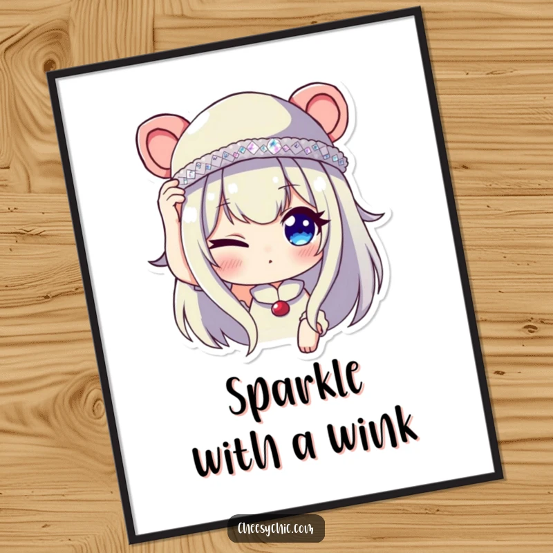 Funny digital art print of a character winking slyly while adjusting a tiny, sequined hat, creating an image of playful charm.