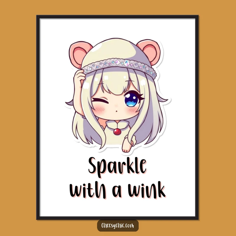 Funny Winking Character Art Print - Sequined Hat Decor for Chic Spaces