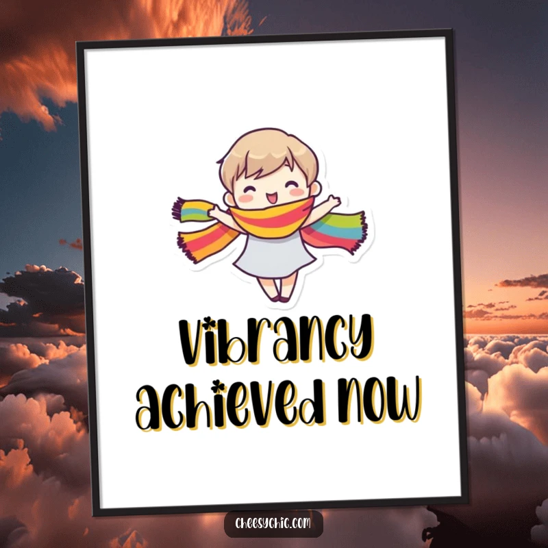 Funny Digital Art Print of a small stylized character joyfully dancing, their rainbow scarf creating a mesmerizing, colorful swirl.