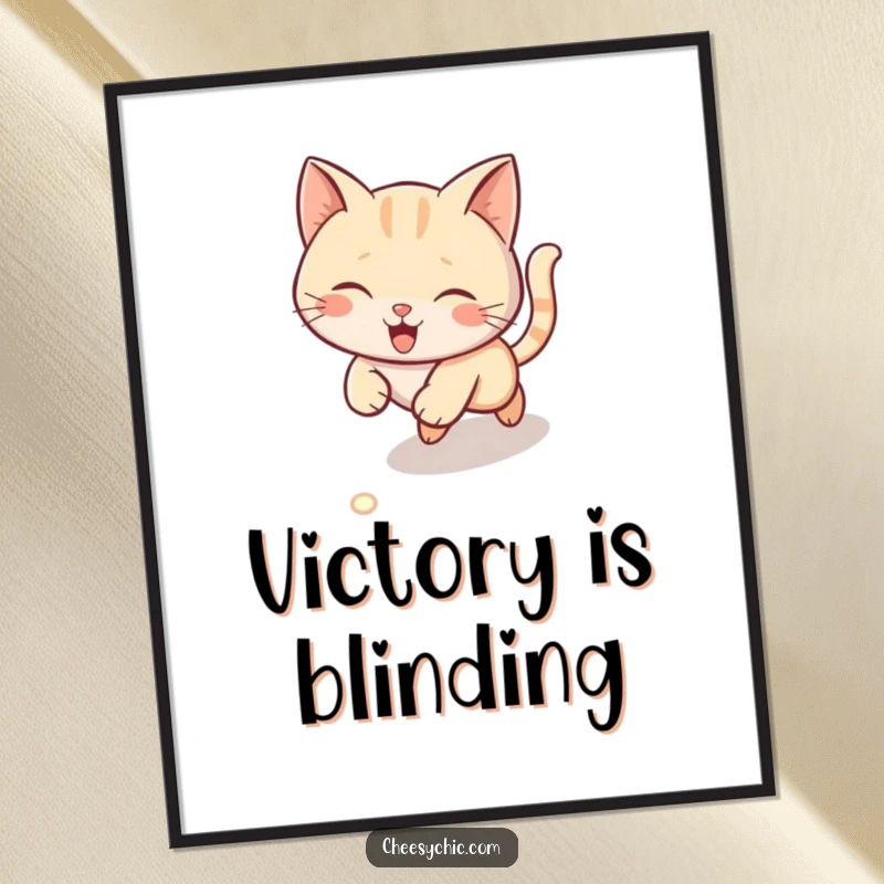 Funny digital art print of a cute cat excitedly chasing a laser pointer dot across the floor, energetic and humorous.