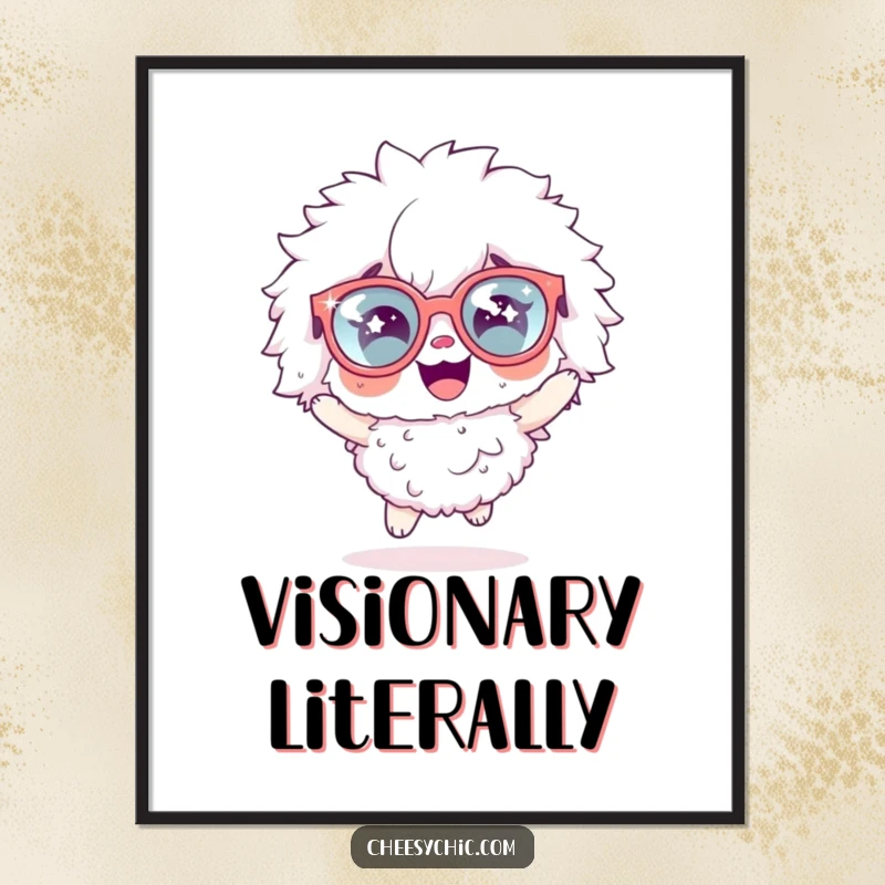 Funny digital art print of a fluffy character with oversized sparkly glasses, dynamically hopping with unrestrained joy and vibrant energy.